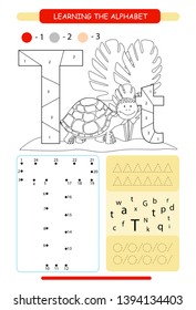 Letter T and funny cartoon turtle. Animals alphabet a-z. Coloring page. Printable worksheet. Handwriting practice. Connect the dots.