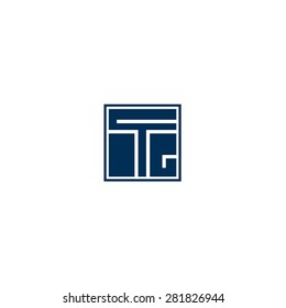Letter T and letter G initials in blue square with frame, monogram 