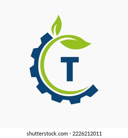 Letter T Gear Leaf Logo Design Vector Template. Leaf And Gear Symbol