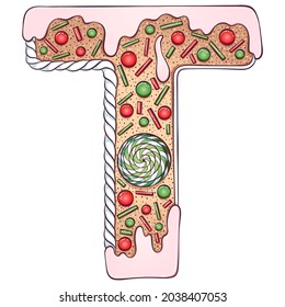 Letter T. Gingerbread Cookies in the form of letters t. Cartoon color vector font made in hand drawn line art style isolated on white background. Lettering logo template. Christmas or New Year concept
