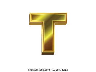Letter T in gold metallic effect with a 3D appearance on white background