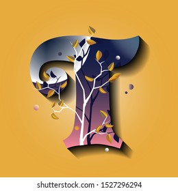 Letter T in golden autumn style. Tree with yellow leaves. Flat vector