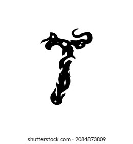 Letter T in gothic graffiti style. Black letter with curls. Logo or design element. Vector illustration isolated on white background. Vector EPS 10.