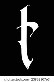 Letter t, in the Gothic style. Vector. Alphabet. The symbol is isolated on a black background. Calligraphy and lettering. Medieval Latin letter. Logo for the company. Monogram. Elegant font for tattoo