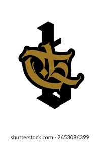 Letra T em grafite e estilo gótico. Vetor. Grafite, tag e letra latina medieval. Sinais e símbolos de design. Caligrafia, letras e etiquetas. Interpretação moderna do gótico.