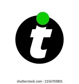 La letra t con un círculo verde en el círculo negro más grande aislado sobre fondo blanco vertical 