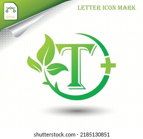 letter T with green leaf vector template