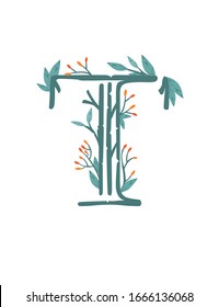 Letra T ramas de árbol dibujadas a mano con hojas y bayas flores botánicas florales dibujadas a mano estilo escandinavo elemento de diseño de arte plano ilustración vectorial