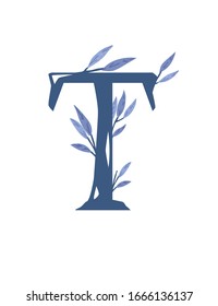 Letra T ramas de árbol dibujadas a mano con hojas flores botánicas florales dibujadas a mano estilo escandinavo elemento de diseño de vectores planos ilustración vectorial