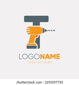 Letter T Hand Drill Machine Logo Design Vector Icon Graphic Emblem Illustration