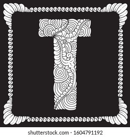 Letter T with Hand-drawn sketch vectors alphabet of tendrils for decorative, carvings and borders patterns. It can also use for ornaments, frames and logos, with Javanese ethnics in black and white