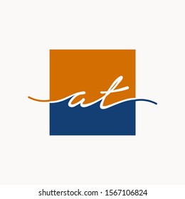 Letter AT or A T handwriting with square concept. handwriting logo of initial signature, wedding, fashion, jewelry, boutique, and botanical with creative template for any company or business - vector