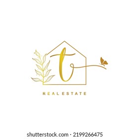 letter T handwritten Real estate logo concept. Feminine style Handwritten alphabet with floral in the logo template. Letters and Alphabet for your logo design.