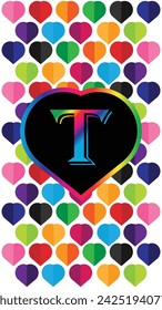 Letter T in the heart of the colorful hearts on a white background. Suitable for Modern Mobile Phone Wallpaper. 4k Mobile Wallpaper