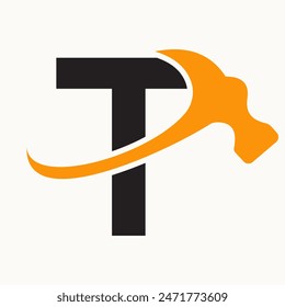 Letter T Home Construction Logo Design With Hammer Symbol