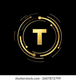 Letter T Initial Gold Color Cyber Multimedia Logo