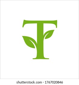 Letter T initial with green leaf logo vector design template