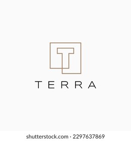 Letter T Initial Lettermark Outline Continuous Line Gold Square Logo Vector Icon Illustration