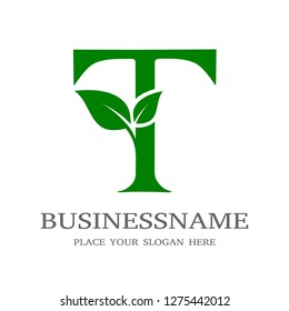 Letter T Initial natural vector logo template. Design with leaf and green color.