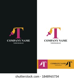 Letter T Initial with paint brush icon for paint and decoration business logo concept vector template. Construction building renovation company
