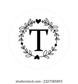 Letter "T" Initials with Round Floral Frames, Vector Monogram Logo, Cricut File