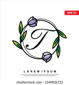 letter t inside floral frame logo. modern icon, template design