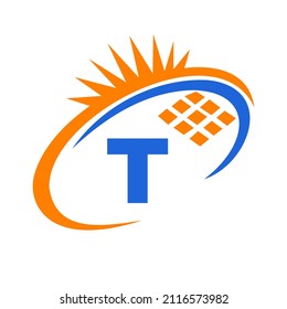 Letter T Inside Solar Cell or Solar Panel Energy Logo Design. Letter T Logo with Solar Elements, Sun, Solar Panels Sign