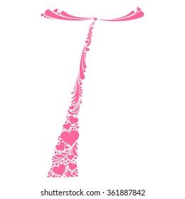 Letter T isolated on white. Romantic letter of beautiful heart. Love Alphabet Set. Vector Illustration
