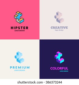 Letter "T" isometric logo set.