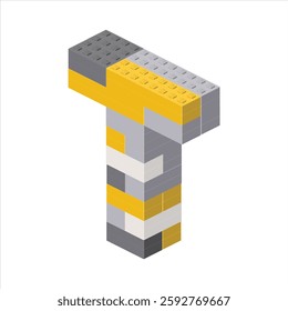 Letter T in isometric view assembled from plastic blocks. Vector