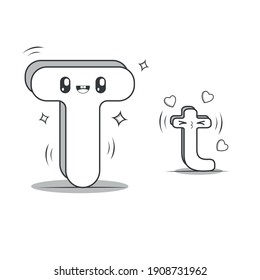 Letter T kawaii style black and white. Character of the alphabet