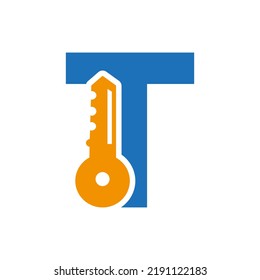 Brief-T-Logo kombiniert mit einem Locker-Schlüssel für Immobilien und Mietsymbol-Vorlage für Vektorgrafik