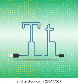 Letter T laid cable. USB blue cable, vector illustration. Background microchip
