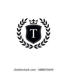  Letter T laurel Kranz Template Logo Luxury Schild mit Krone. Monogramm-Alphabet. Schöner königlicher Initialbrief.