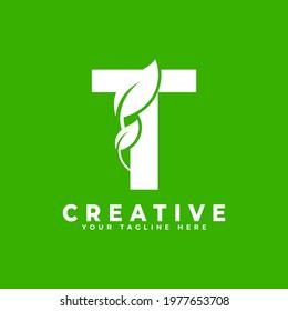 Letter T with Leaf Logo Design Element on Green Background. Usable for Business, Science, Healthcare, Medical and Nature Logos