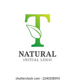 letter T with leaf natural initial vector logo design