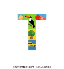 Letter T learning poster for kids. Alphabet for preschool and primary school education.