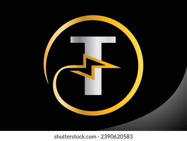 Letter T with lighting thunder bolt Logo Design Vector Template.