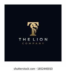 Letter T Lion Head , Elegant Luxury Initial Logo Design Vector