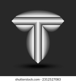 Letter T logo 3d monogram metallic construction with composite acute shape, silver color creative sharp forms identity, industrial style logotype tech design.