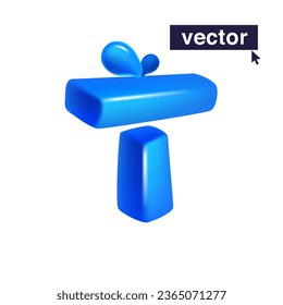 Logo 3D de la letra T representada en un estilo cúbico de dibujos animados hechos de agua azul clara y gotas de rocío. Ilustración vectorial ecológica. Formas isométricas imposibles. Banner perfecto para la naturaleza, etiquetas de filtro saludables.