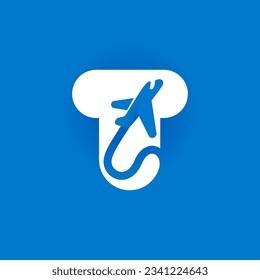 Letter T logo with airplane trail. Negative space style icon. Plane navigator pointer. Vector typeface for airline identity, travel app, journey posters, jet company, and shipping advertising.