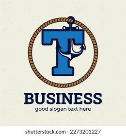 Letter T logo with anchor illustration logo design template, nautical logo concept, vintage style.