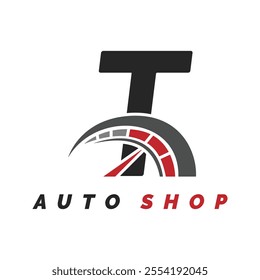 letter T logo auto mechanic with speedometer style. Alphabet T automotive speedometer design icon