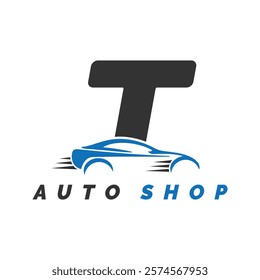 letter T logo auto mechanic with car style. Alphabet T automotive car design icon