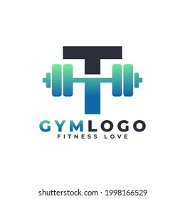 Logo De La Letra T Con Barbell. Logo del gimnasio. Diseño del logotipo del vector de elevación para gimnasio y puesta en forma. Plantilla de logotipo de letra alfabeta