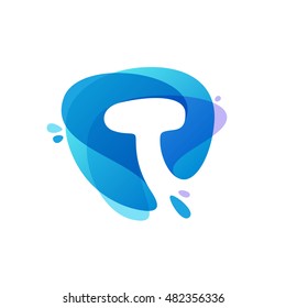 Letter T logo at blue water splash background. Vector ecology elements for posters, t-shirts, ecology presentation or card.