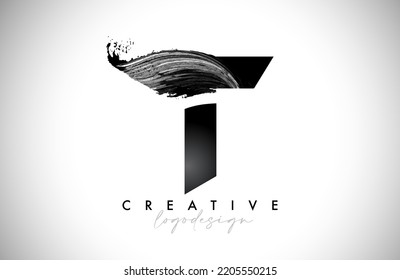 Letter T Logo Brush Stroke with Artistic Watercolor Paint Brush Icon Vector Design. Modern Elegant Minimalist Stroke Letter T Shape Symbol with Paint Style Swoosh. 