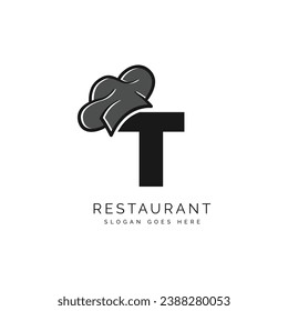 Letter T logo with chef's hat for a restaurant. Alphabet T Concept Design Food Business Logotype vector illustration