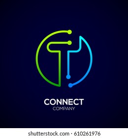 Letter T logo, Circle shape symbol, green and blue color, Technology and digital abstract dot connection